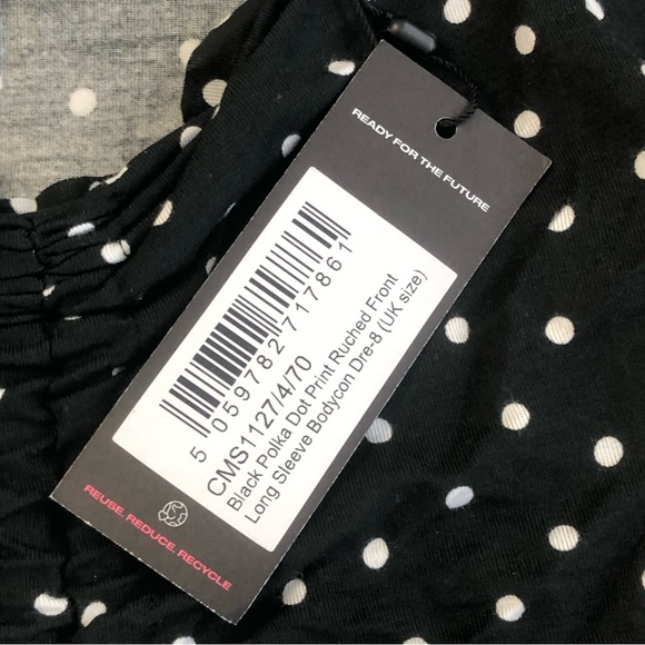 NEW! PRETTYLITTLETHING Women Black Polka Dot Print Long Sleeve Mini Dress Sz 4 - Picture 7 of 14